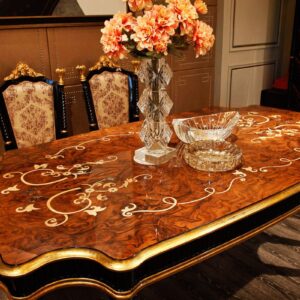 Premium 6-Seater Walnut Dining Table with Gold Leaf Trim and Damask Upholstered Chairs