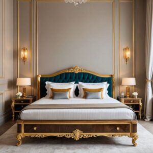 Luxury Tufted Bed in Deep Teal & Antique Gold – Premium Bedroom Furniture
