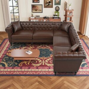 Brown Leather Chesterfield L-Shaped Sectional Sofa with Nailhead Trim
