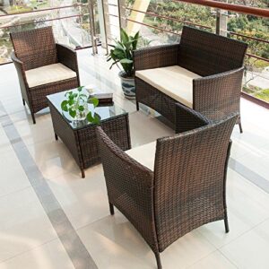4-Piece Outdoor Rattan Conversation Set with Glass Coffee Table