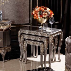 Luxury Royal Nesting Tables Set of 3 – Premium Carved End Tables with Metallic Silver & Gold Finish and Glossy Top