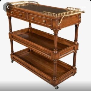 3-Tier Wooden Bar & Serving Cart | Brass Gallery Rail & Drawer | Walnut Finish Trolley