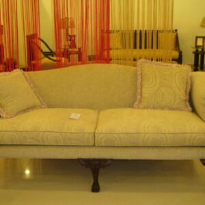Antique Style Camelback Sofa with Carved Wood Frame and Claw Feet