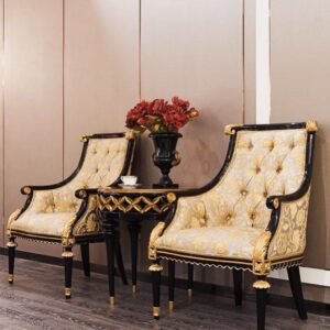 Royal 2-Piece Living Room Set | Luxury Gold Damask Tufted Armchairs with Black & Gold Accent Table