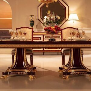 The Grand Regency Dining Table – Premium Glossy Walnut Finish with Gilded Lion-Foot Base