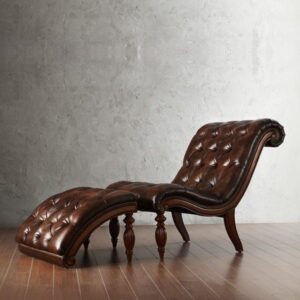Luxury Tufted Leather Chaise Lounge Chair with Footrest  Premium Chesterfield Style Leather Lounge Chair Set
