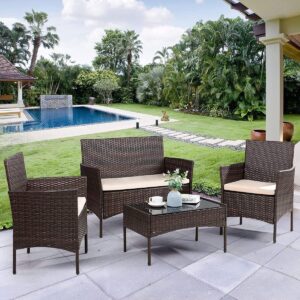 4-Piece Outdoor Rattan Patio Furniture Set with Glass Coffee Table