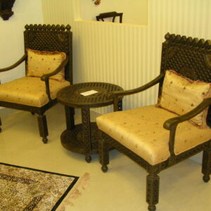 Traditional Hand-Carved Wooden Chair and Coffee Table Set