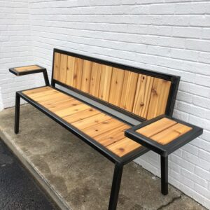 Modern Industrial Cedar Wood and Metal Bench with Built-In Side Tables
