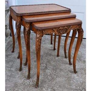Set of 3 Louis XV Tall Nesting Tables — Satinwood Marquetry Inlay Top, Deeply Hand-Carved Acanthus Legs & Apron with Bronze Sabot Feet