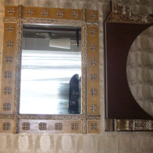 Carved Wood Wall Mirror with Geometric Cross Panel and Rosette Detailing