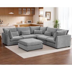 Grey Modular Sectional Sofa with Ottoman – Plush Cloud Comfort Design