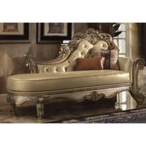 Royal Hand-Carved Champagne Leather Chaise Lounge | Luxury Tufted Baroque Diwan Sofa