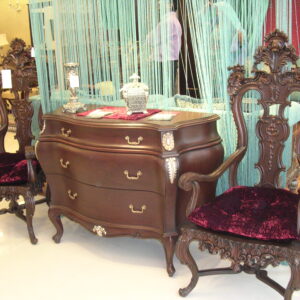 Elegant Antique Wooden Dresser with Velvet Upholstered Chairs
