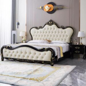 The Parisian Neo-Classical Bed Set – High-Gloss Black Frame with Off-White Chesterfield Tufting