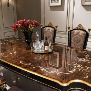 Premium High-Gloss Burl Walnut Dining Table with Antique Gold Trim and Damask High-Back Chairs