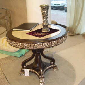 Luxury Round Wooden Center Table – Antique Style Foyer Accent Table with Inlaid Marble Top and Silver Leaf Carvings