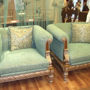 Antique Sea Green Velvet Armchair Set with Swan Carved Gold Wood Frame