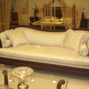 Antique Carved Mahogany Camelback Sofa with Cream Silk Upholstery