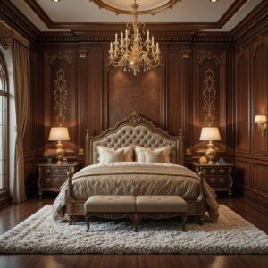 The Imperial French Classic Bed – Rich Walnut Finish with Antique Gold Leaf Carving