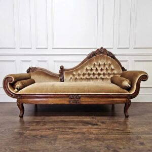 Royal Solid Wood Chaise Lounge | Luxury Bronze Velvet Tufted Diwan Sofa with Carved Details