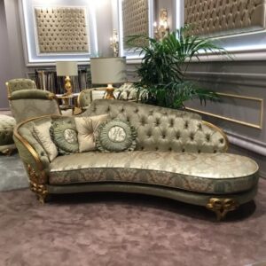 Imperial Baroque Chaise Lounge Sofa — Sage Green Damask Fabric with Gold Carved Frame