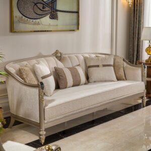 Classic Ivory Upholstered Sofa with Carved Wood Frame and Gold Accent