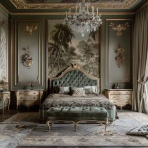 Antique Gold-Framed Luxury Bed & Tufted Bed-End Bench in Olive Velvet