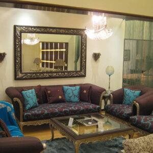 Brown and Turquoise Embroidered Sofa Set with Carved Gold Wood Frame