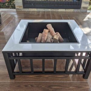 Square Fire Pit Table – Modern Steel Frame with Stone/Concrete Top & Deep Fire Bowl | Outdoor Wood Burning Patio Fire Table