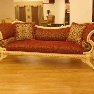 Antique White Carved Sofa with Burgundy Upholstery and Claw Feet