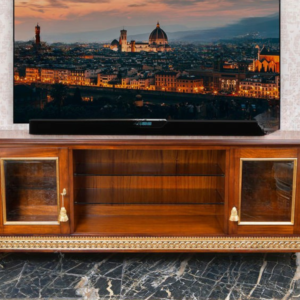 Classic Walnut TV Cabinet / Media Console — Glass Panel Doors with Gold Brass Frame, Tassel Handles & Egg-and-Dart Gold Ormolu Base Trim