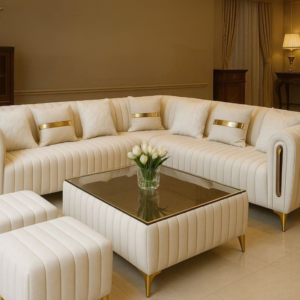 Luxury White Velvet Sectional Sofa Set with Gold Accents & Matching Coffee Table