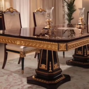 Royal Baroque Wooden Dining Table Set | Luxury High-Gloss Veneer Double Pedestal Dining Table with Gold Leaf Carvings