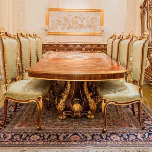 Royal Palace Style Dining Masterpiece – Premium Multi-Tonal Walnut Veneer Table and Ornate Gold Cabriole Dining Chairs