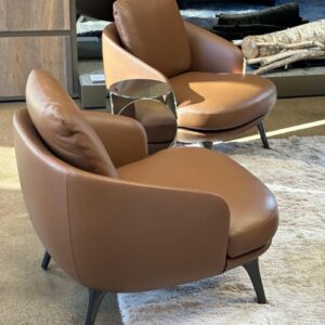 Modern Cognac Leather Curved Accent Chair with Tapered Metal Legs