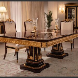 Royal Palace Style Rectangular Dining Masterpiece – Premium Center Medallion Inlay Table with Heavily Carved Gold Pedestals