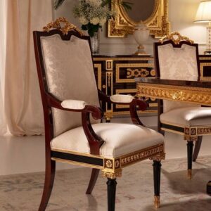 Classical Neoclassical High-Back Dining Chair with Padded Armrests and Fluted Legs