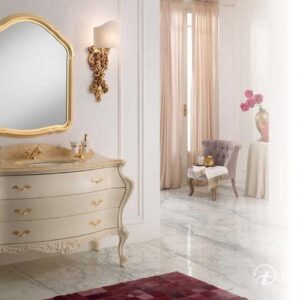 Baroque Ivory Lacquered Bathroom Vanity Unit with Marble Basin & Gold Mirror Set