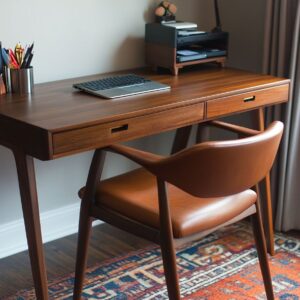 Mid-Century Modern Wooden Writing Desk with Drawers