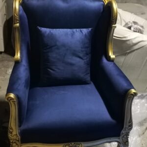 Royal Blue Velvet Wingback Chair with Gold Carved Wood Frame