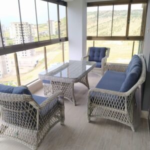 White Wicker Rattan Outdoor Furniture Set with Navy Blue Cushions