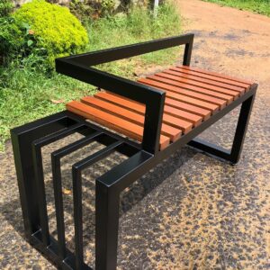Modern Industrial Outdoor Bench – Black Steel Frame with Solid Wood Slats