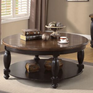 Premium Round Wooden Coffee Table with Bottom Storage Shelf – Rustic Dark Walnut Finish