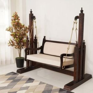 Premium Solid Wood Indoor Jhoola – Antique Dark Walnut Finished Swing Couch for Living Room & Lounge