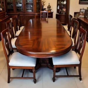 The Majestic Sunburst Oval Dining Table – Large Scale Expandable Solid Wood Table with Elegant Cutout High-Back Chairs