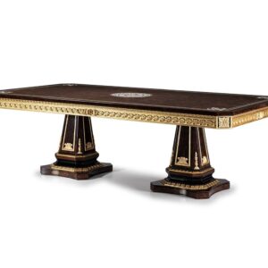 luxury Royal Rectangular Dining Table – Premium Dark Walnut Finish with Intricate Medallion Inlays and Gold Baroque Border