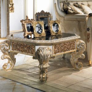 Royal Carved Side Table – Premium Off-White & Gold End Table with Black Glass Top for Living Room