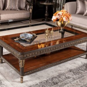 Luxury Glass Top Wooden Center Table with Bottom Shelf