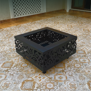 Square Outdoor Fire Pit – Heavy Duty Steel with Laser-Cut Arabesque Scroll Design | Wood Burning Patio & Garden Fire Bow